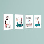 Cute Dinos in Cars 4 Pieces Kids Metal Wall Art.