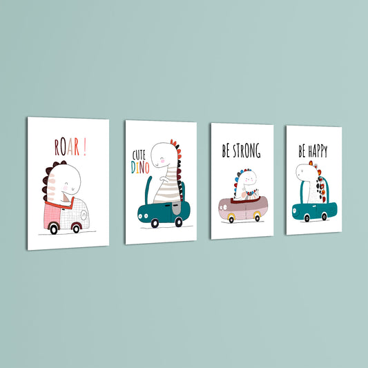 Cute Dinos in Cars 4 Pieces Kids Metal Wall Art.