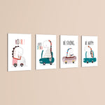 Cute Dinos in Cars 4 Pieces Kids Metal Wall Art.