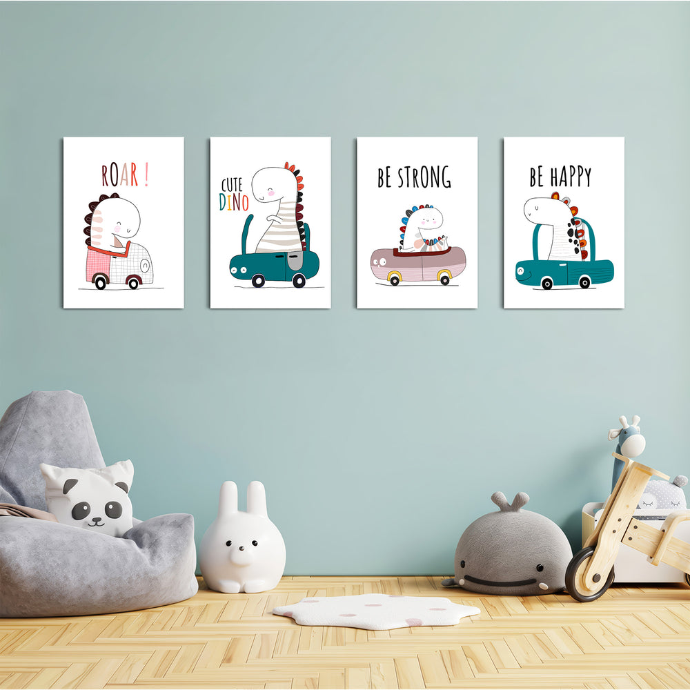 Cute Dinos in Cars 4 Pieces Kids Metal Wall Art.
