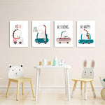 Cute Dinos in Cars 4 Pieces Kids Metal Wall Art.