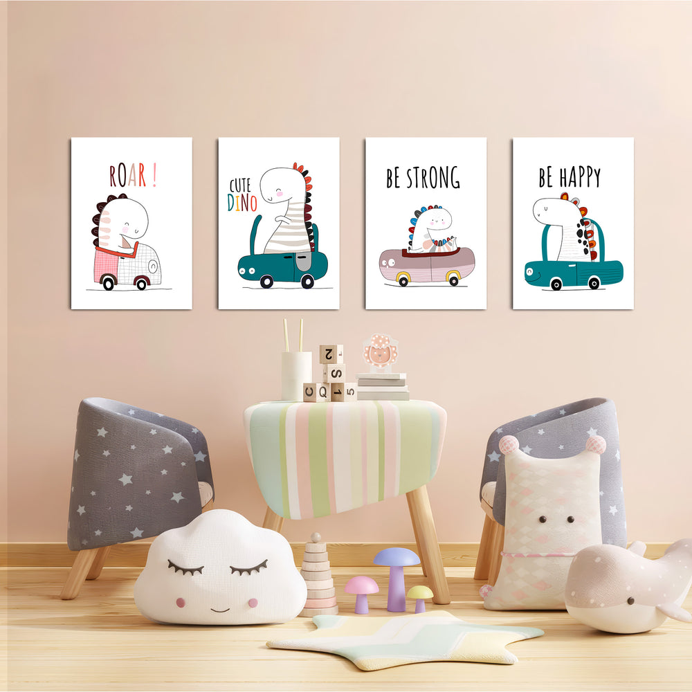 Cute Dinos in Cars 4 Pieces Kids Metal Wall Art.
