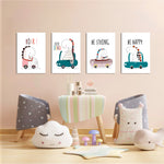 Cute Dinos in Cars 4 Pieces Kids Metal Wall Art.