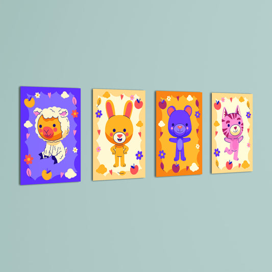 Colorful Cute Animals 4 Pieces Kids Metal Wall Art.