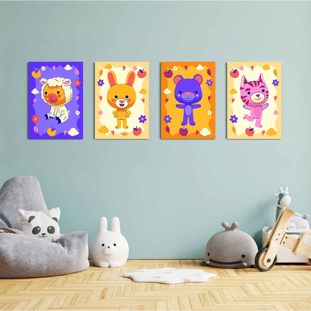 Colorful Cute Animals 4 Pieces Kids Metal Wall Art.