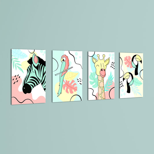 Pastel Safari Animals 4 Pieces Kids Metal Wall Art.