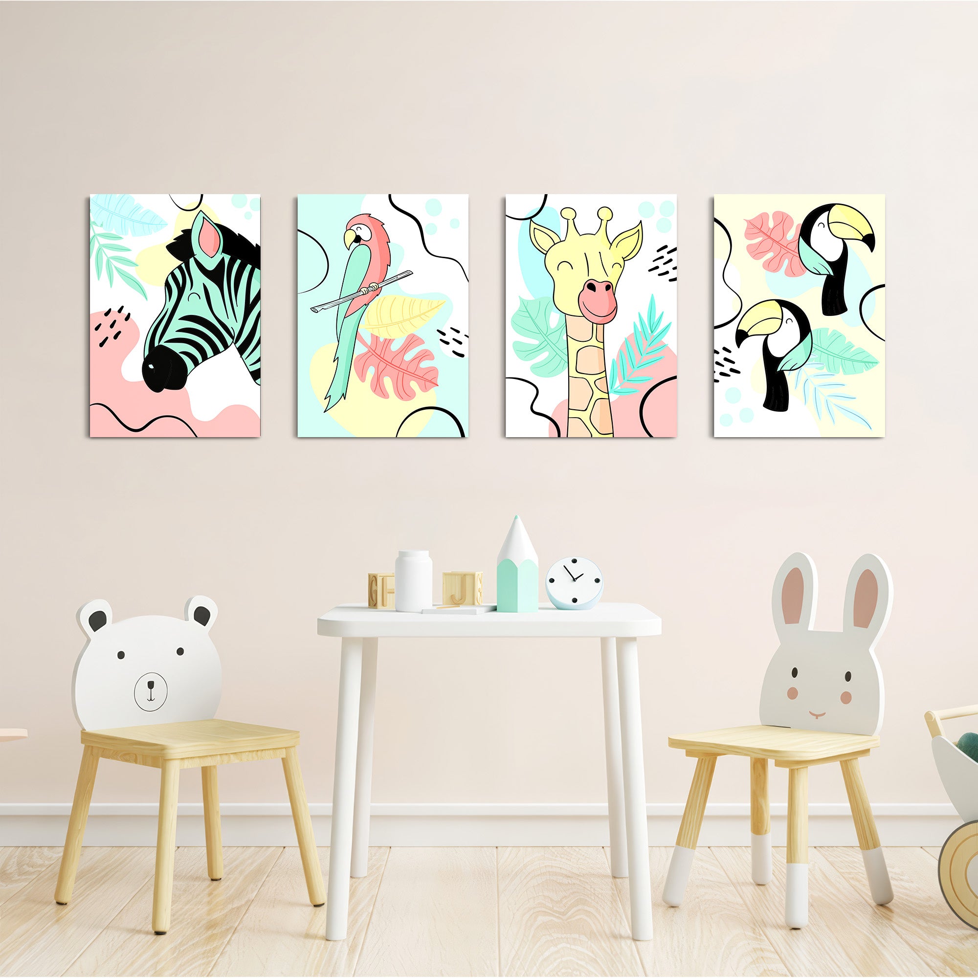 Pastel Safari Animals 4 Pieces Kids Metal Wall Art.