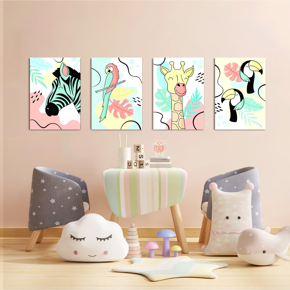 Pastel Safari Animals 4 Pieces Kids Metal Wall Art.