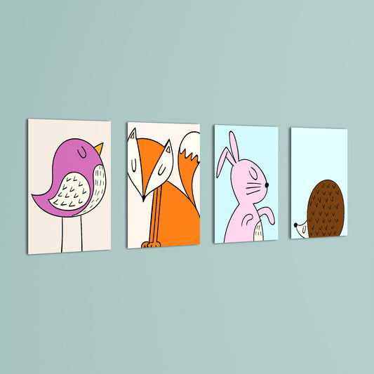 Scandinavian Woodland Animals 4 Pieces Kids Metal Wall Art.