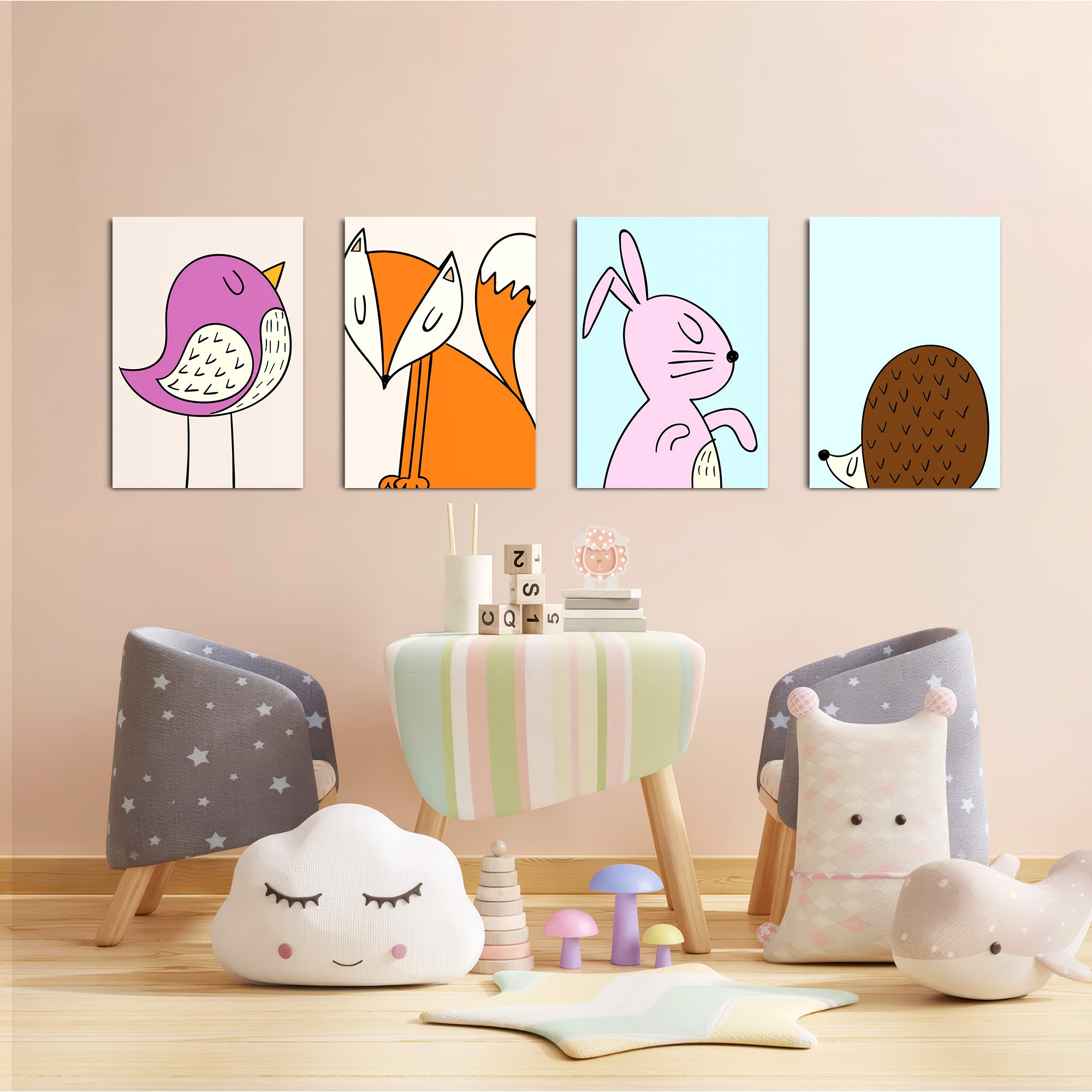 Scandinavian Woodland Animals 4 Pieces Kids Metal Wall Art.