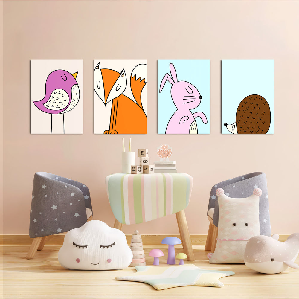 Scandinavian Woodland Animals 4 Pieces Kids Metal Wall Art.