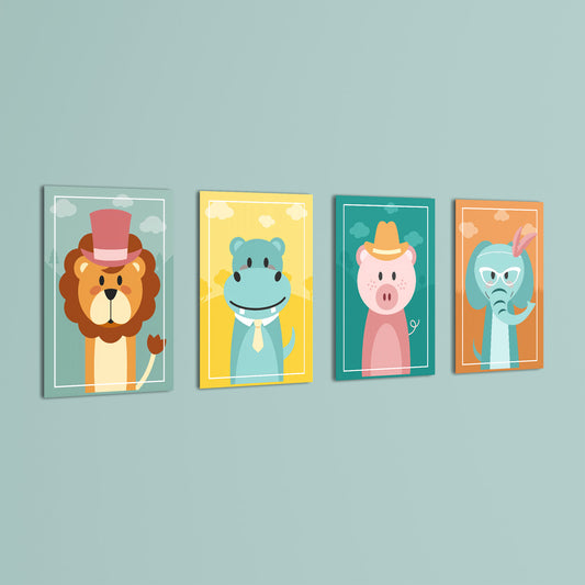 Dapper Animals 4 Pieces Kids Metal Wall Art.