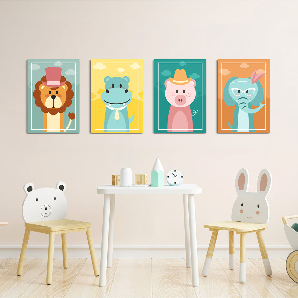 Dapper Animals 4 Pieces Kids Metal Wall Art.