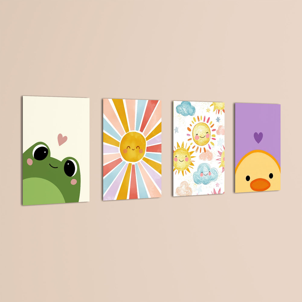 Cute Frog Sunshine Duck 4 Pieces Kids Metal Wall Art.