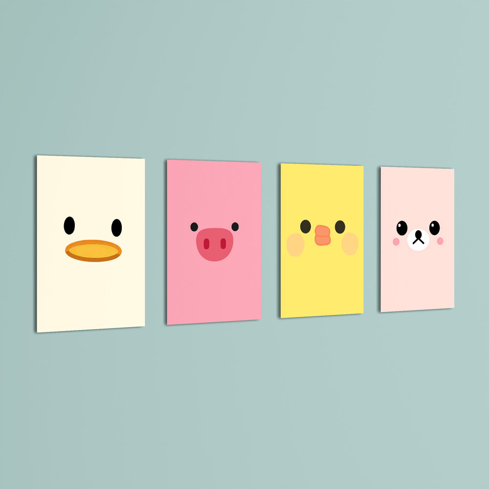 Cute Animal Faces 4 Pieces Kids Metal Wall Art.