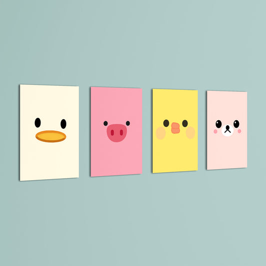 Cute Animal Faces 4 Pieces Kids Metal Wall Art.