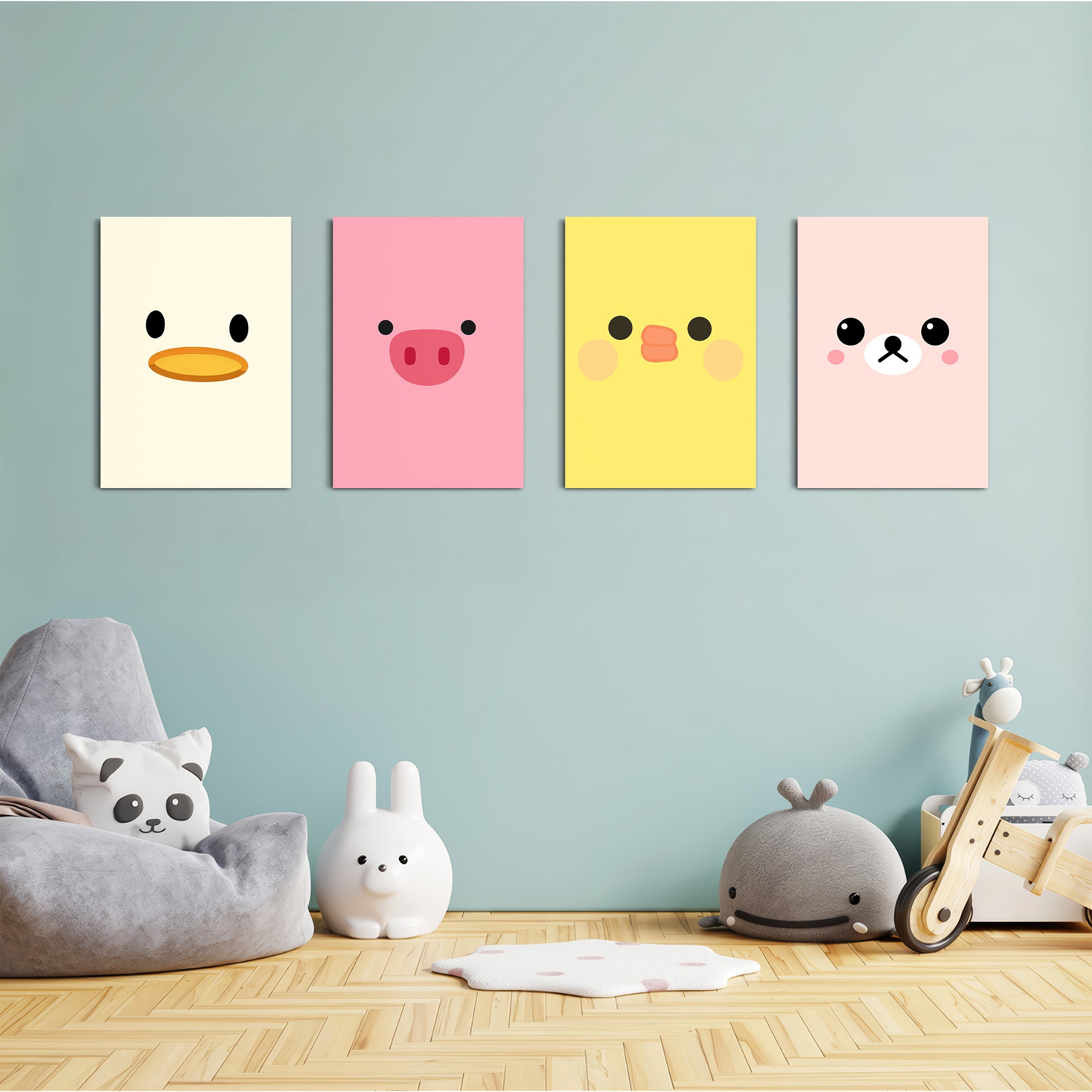 Cute Animal Faces 4 Pieces Kids Metal Wall Art.
