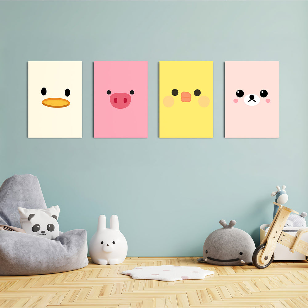 Cute Animal Faces 4 Pieces Kids Metal Wall Art.