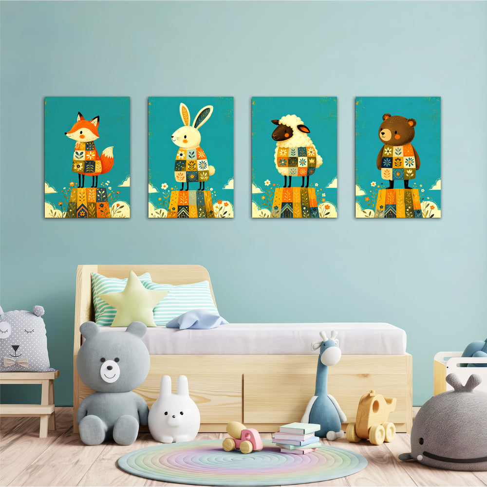 Folk Animals in Sweaters 4 Pieces Kids Metal Wall Art.