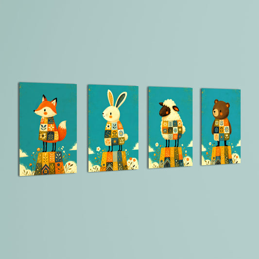 Folk Animals in Sweaters 4 Pieces Kids Metal Wall Art.