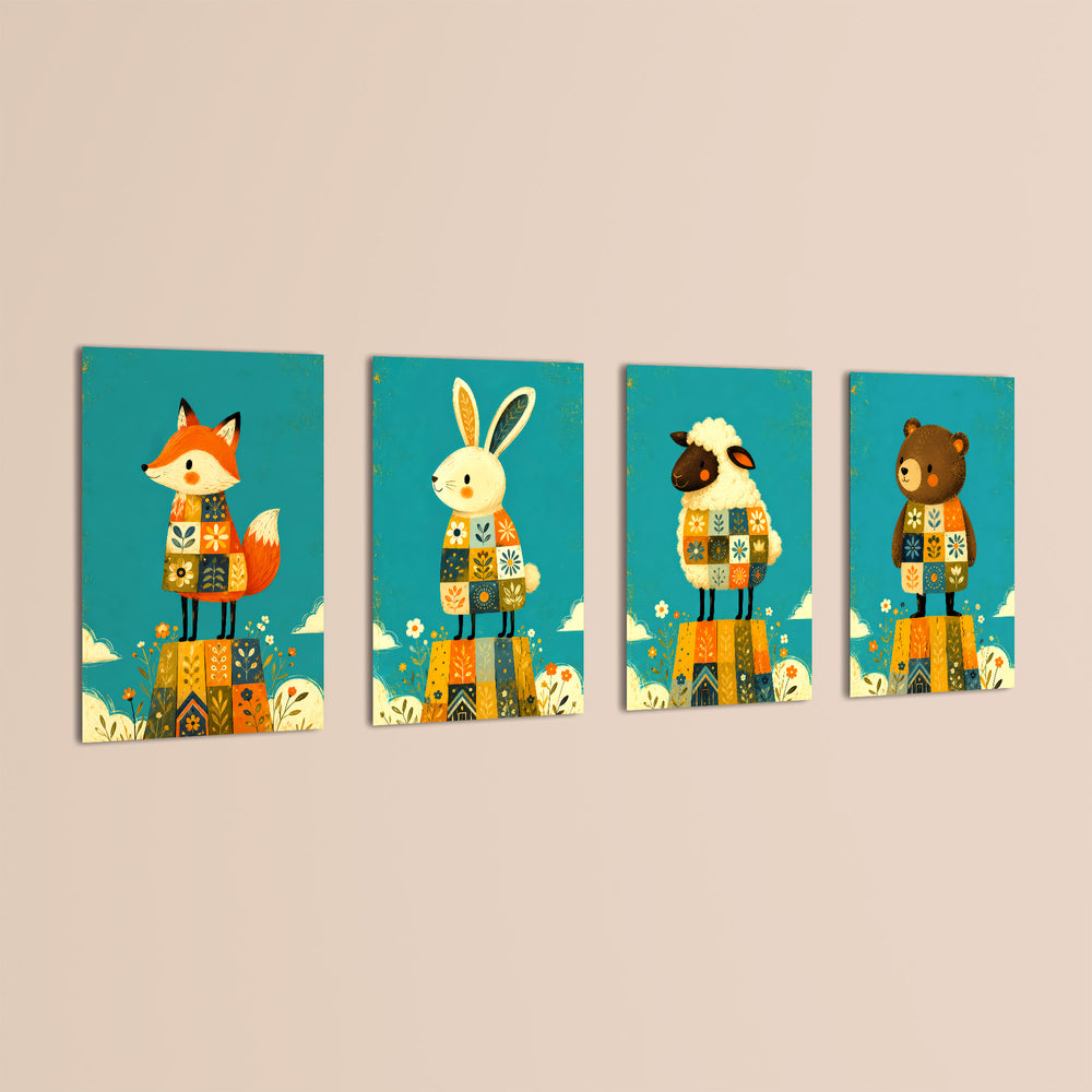 Folk Animals in Sweaters 4 Pieces Kids Metal Wall Art.