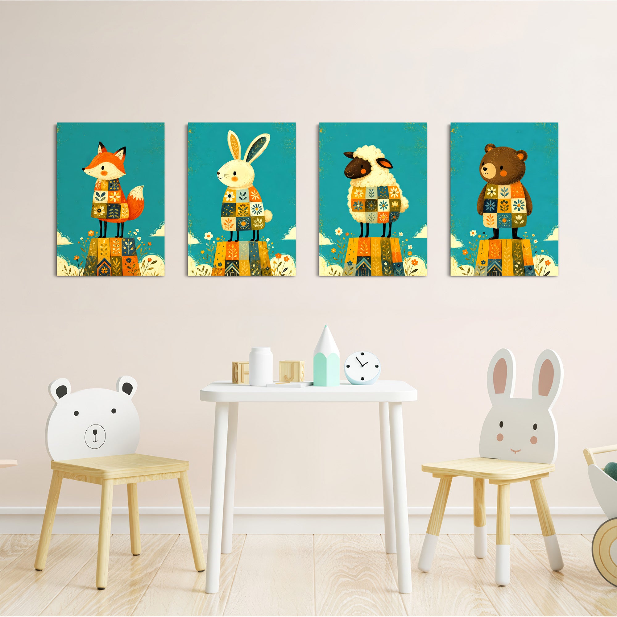 Folk Animals in Sweaters 4 Pieces Kids Metal Wall Art.