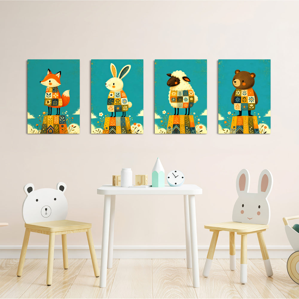 Folk Animals in Sweaters 4 Pieces Kids Metal Wall Art.