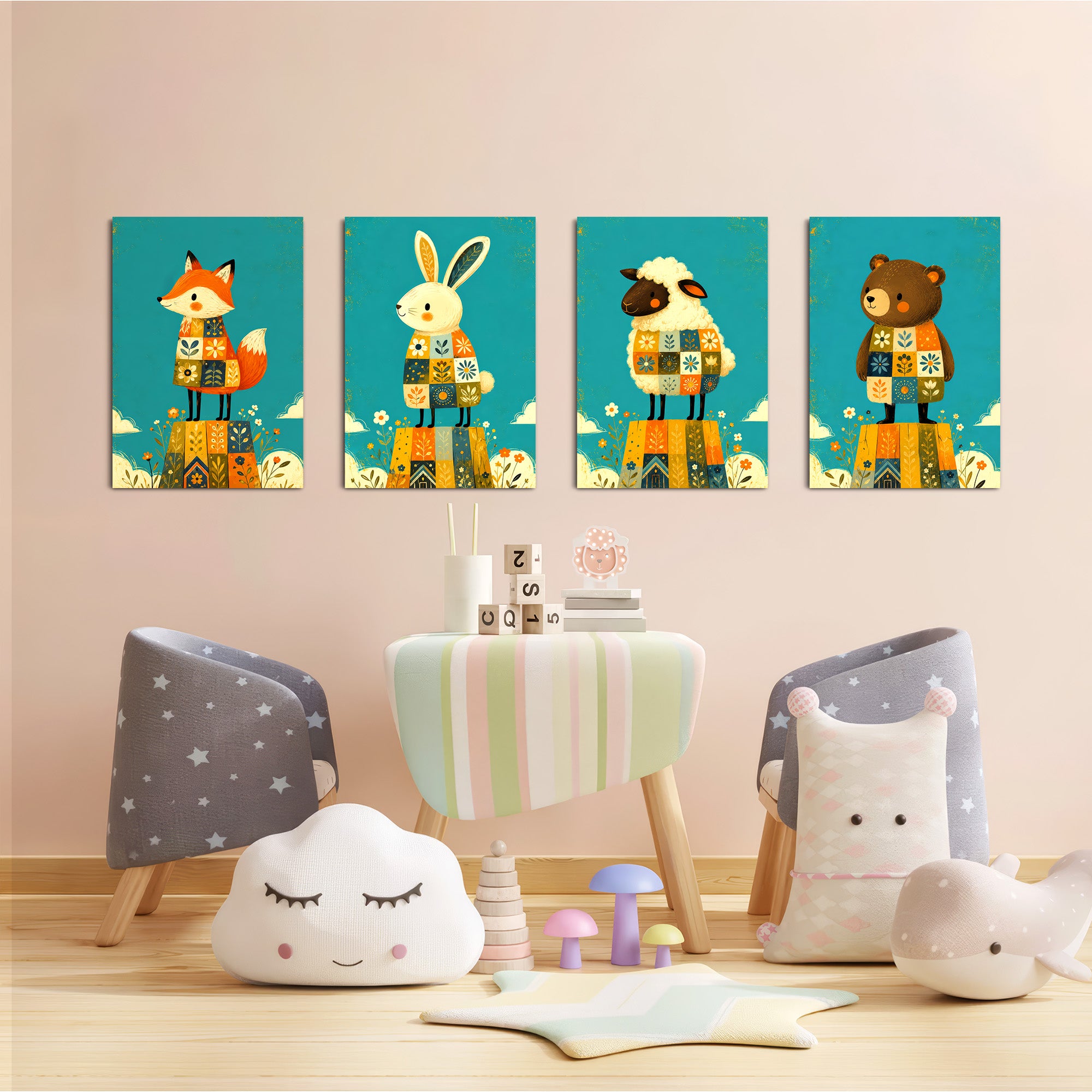 Folk Animals in Sweaters 4 Pieces Kids Metal Wall Art.