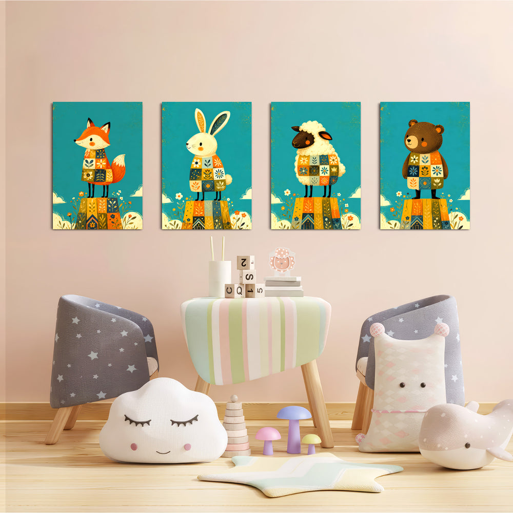 Folk Animals in Sweaters 4 Pieces Kids Metal Wall Art.