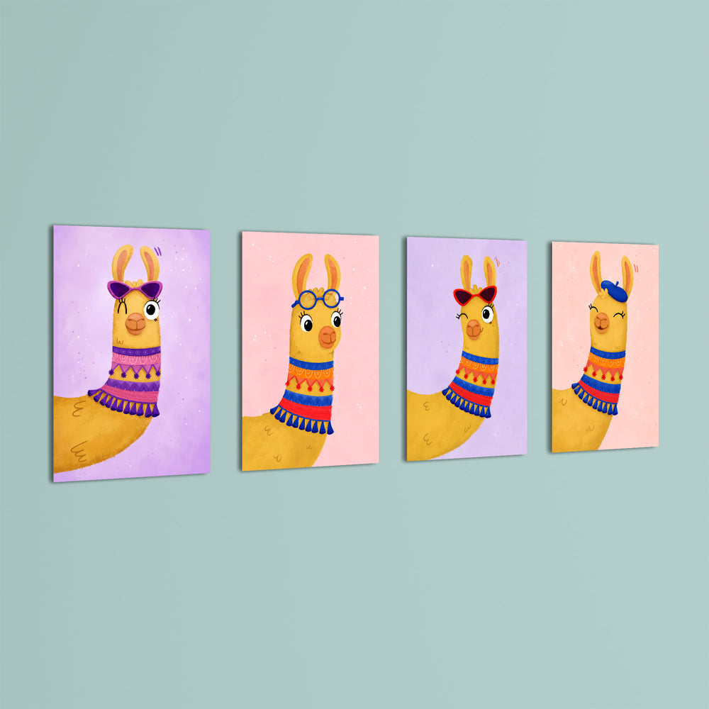 Cute Llamas with Accessories 4 Pieces Kids Metal Wall Art.