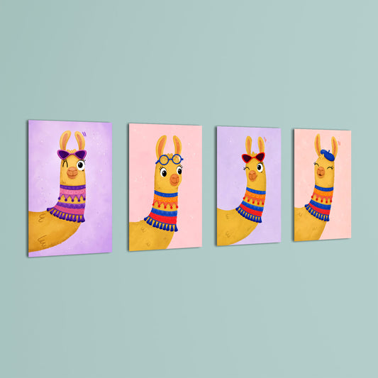 Cute Llamas with Accessories 4 Pieces Kids Metal Wall Art.