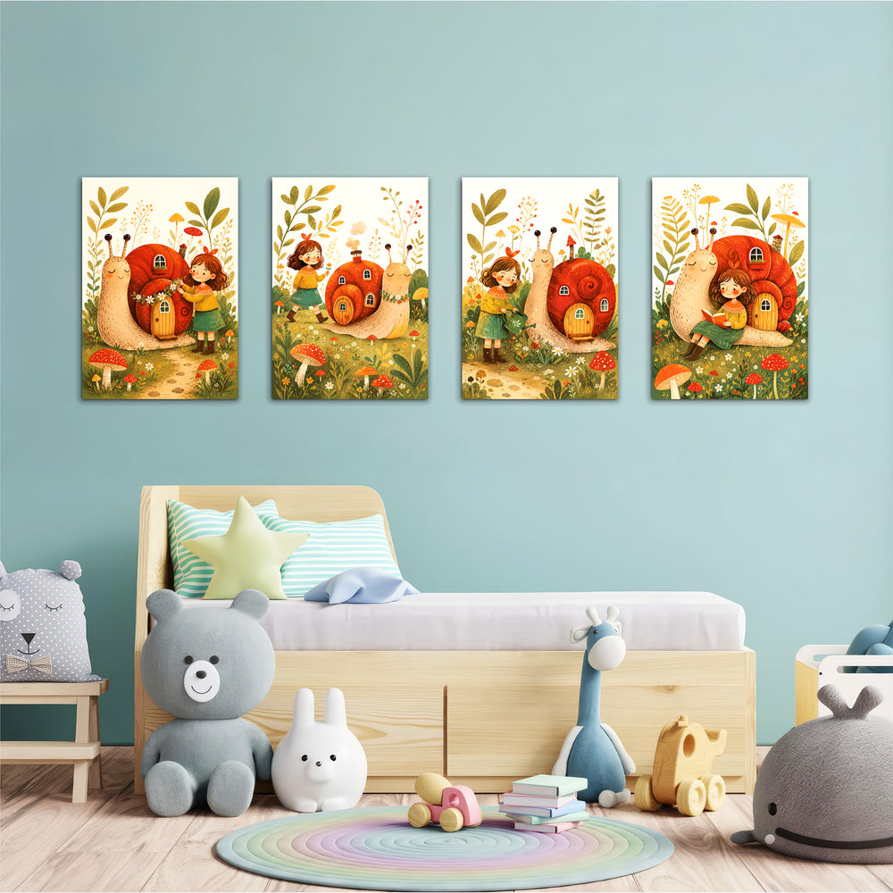Snail House Garden Girl 4 Pieces Kids Metal Wall Art.