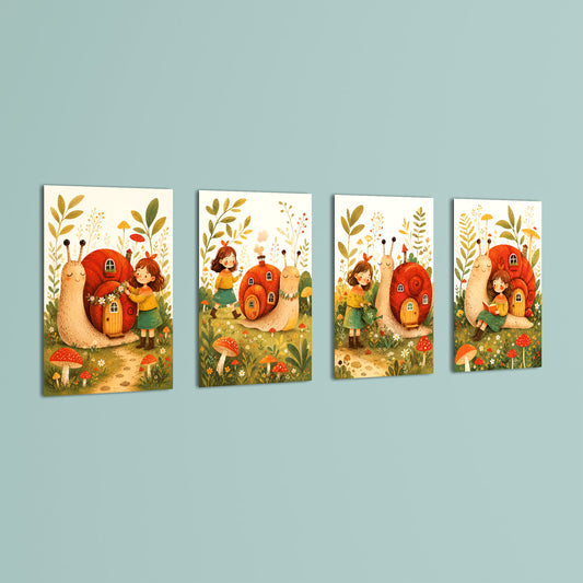 Snail House Garden Girl 4 Pieces Kids Metal Wall Art.