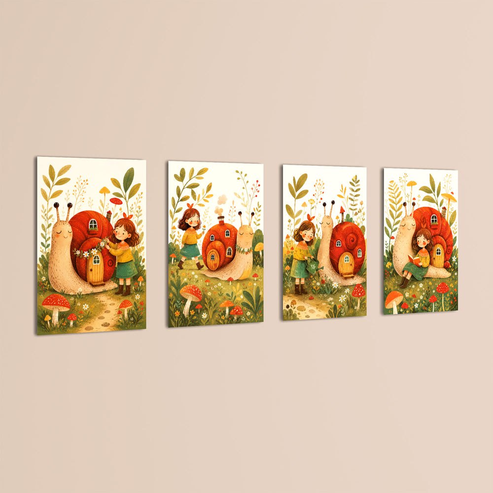 Snail House Garden Girl 4 Pieces Kids Metal Wall Art.
