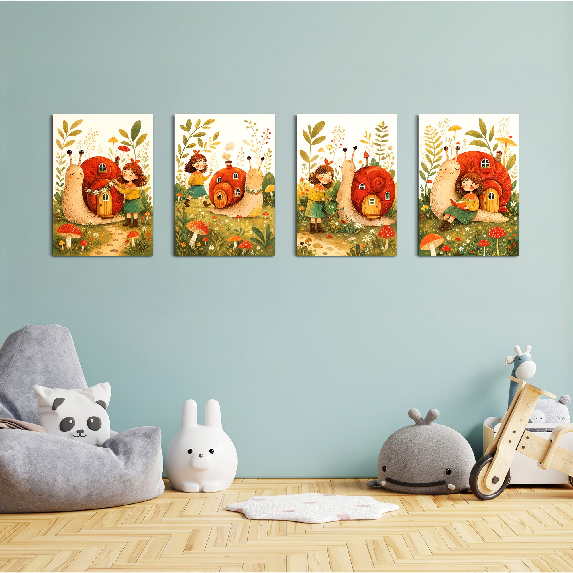 Snail House Garden Girl 4 Pieces Kids Metal Wall Art.