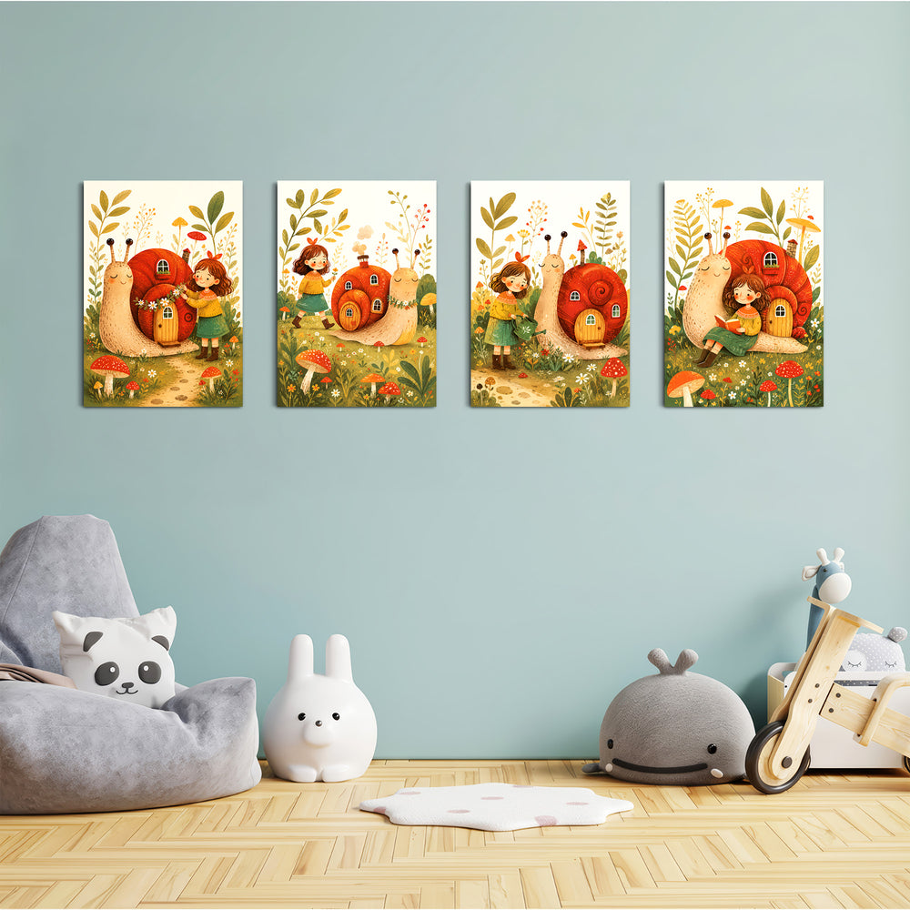Snail House Garden Girl 4 Pieces Kids Metal Wall Art.