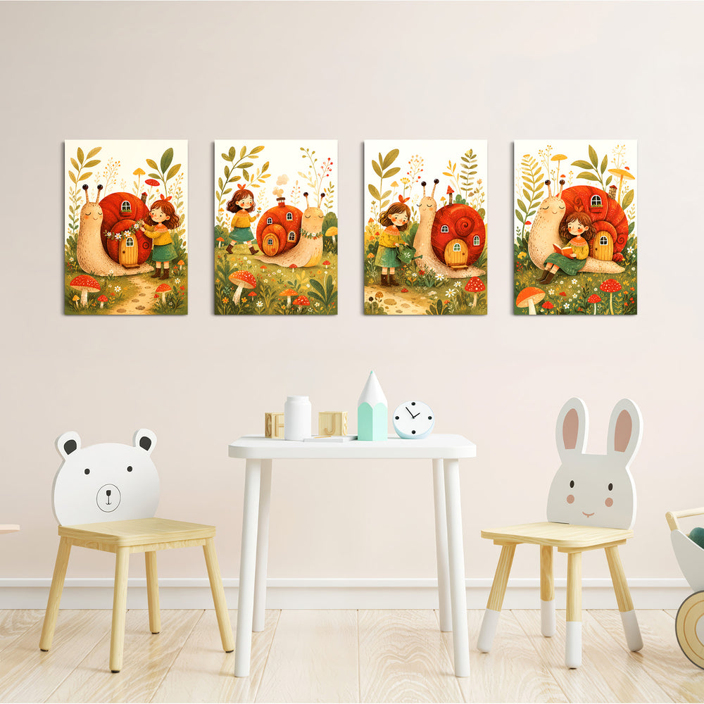 Snail House Garden Girl 4 Pieces Kids Metal Wall Art.