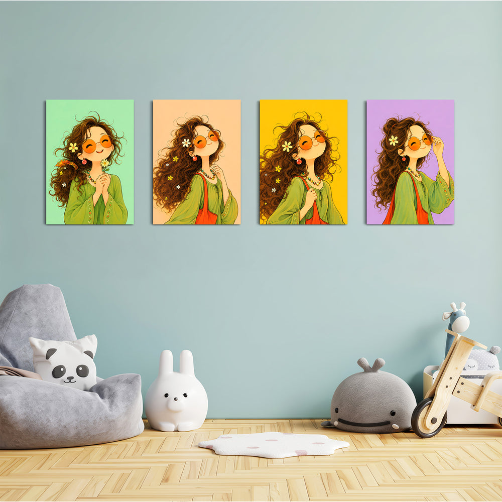 Boho Flower Girl 4 Pieces Kids Metal Wall Art.