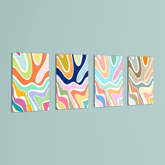 Retro Wavy Swirls 4 Pieces Kids Metal Wall Art.
