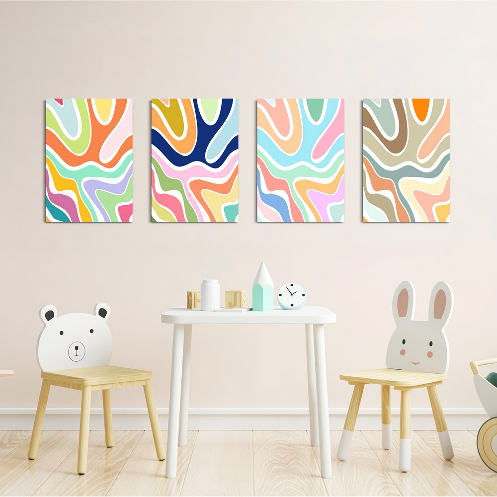 Retro Wavy Swirls 4 Pieces Kids Metal Wall Art.
