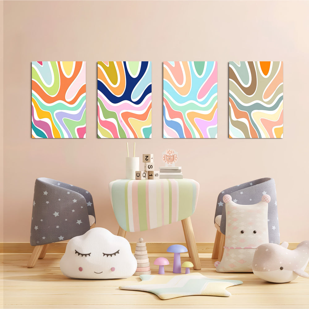 Retro Wavy Swirls 4 Pieces Kids Metal Wall Art.