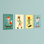Skater Animals Stay Cool 4 Pieces Kids Metal Wall Art.