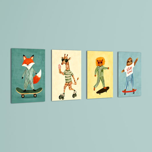 Skater Animals Stay Cool 4 Pieces Kids Metal Wall Art.