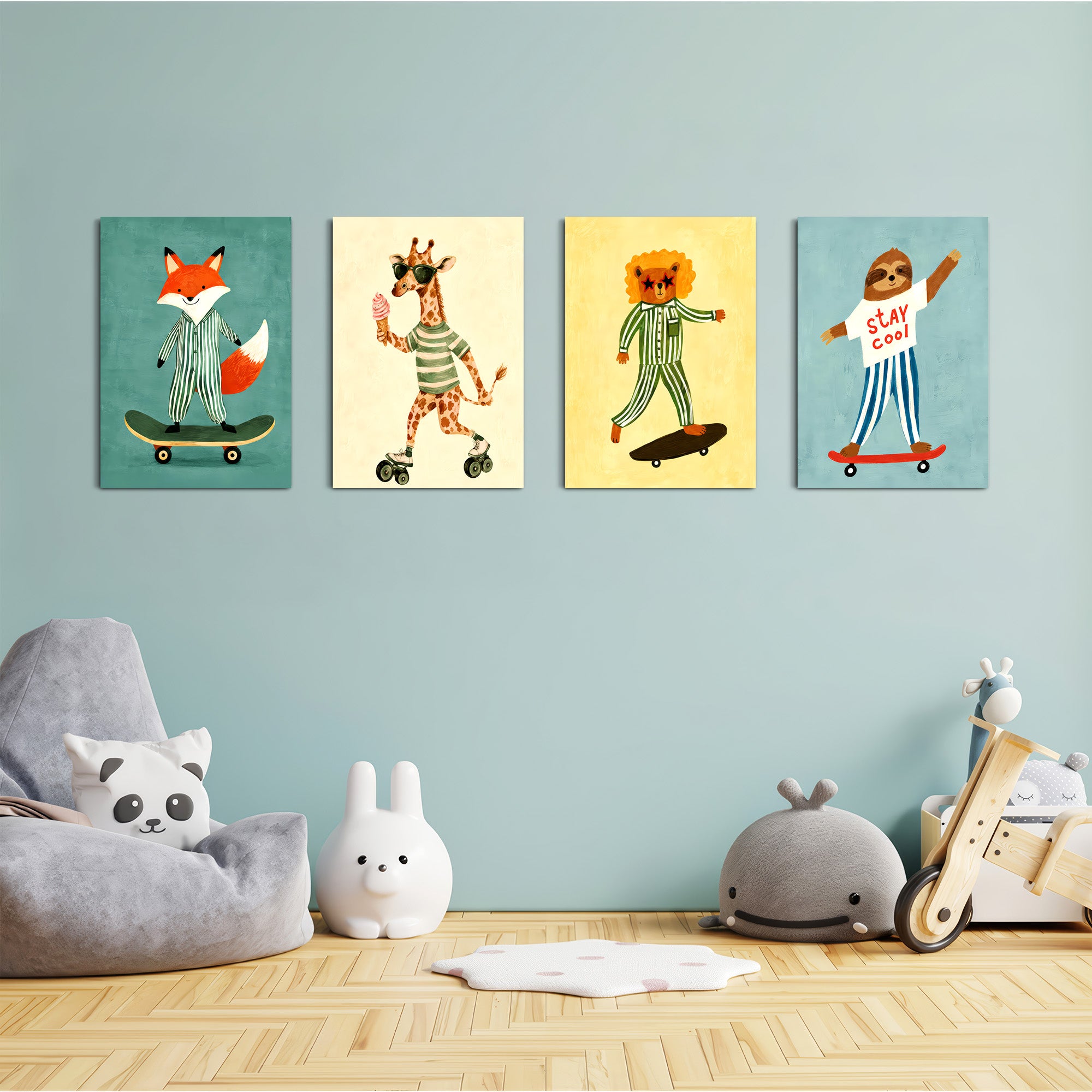Skater Animals Stay Cool 4 Pieces Kids Metal Wall Art.