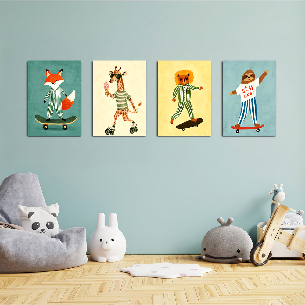 Skater Animals Stay Cool 4 Pieces Kids Metal Wall Art.