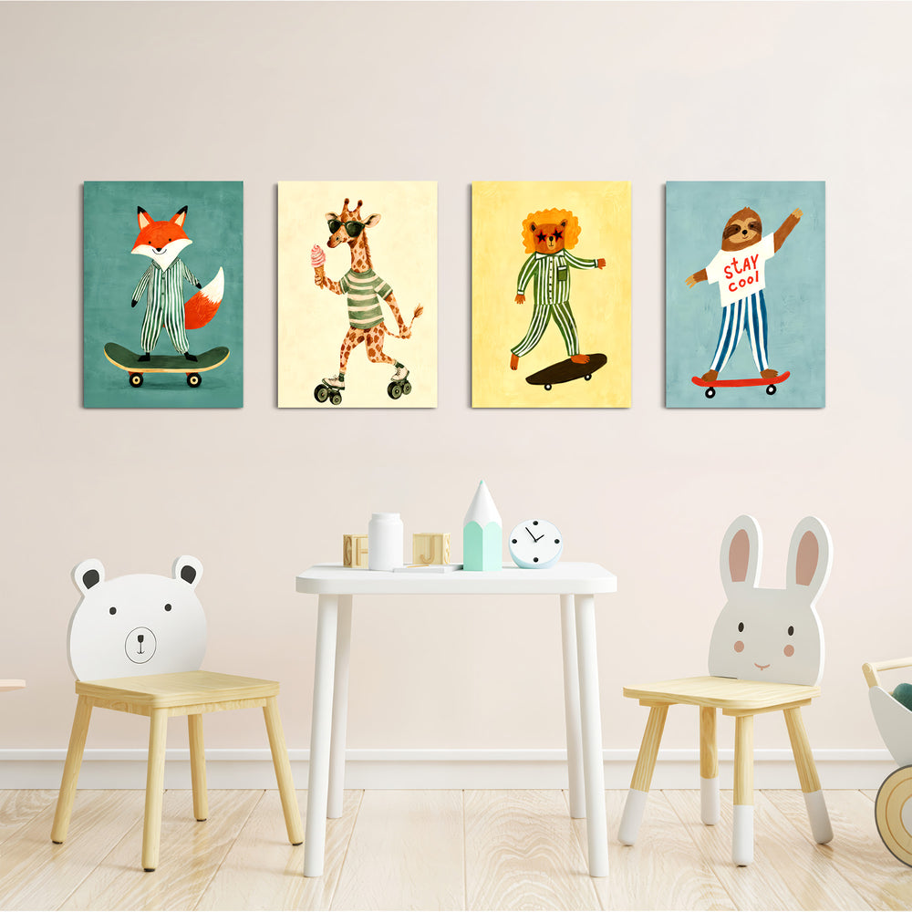 Skater Animals Stay Cool 4 Pieces Kids Metal Wall Art.