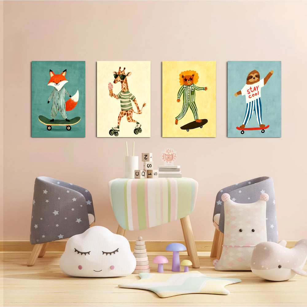 Skater Animals Stay Cool 4 Pieces Kids Metal Wall Art.