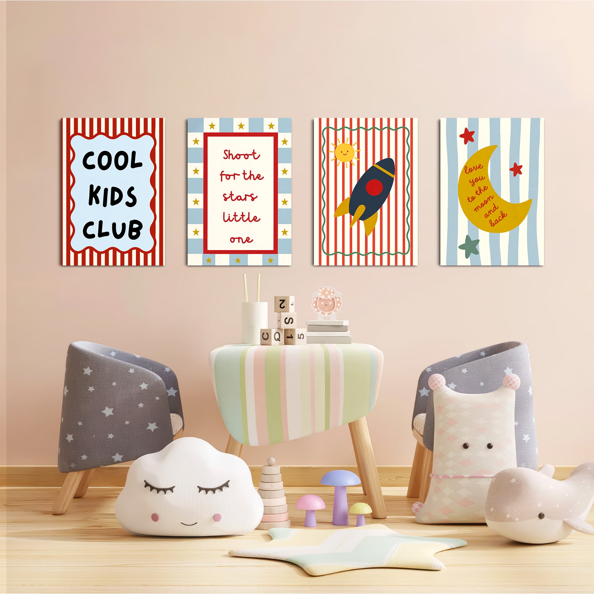 Shoot For The Stars Rocket 4 Pieces Kids Metal Wall Art.