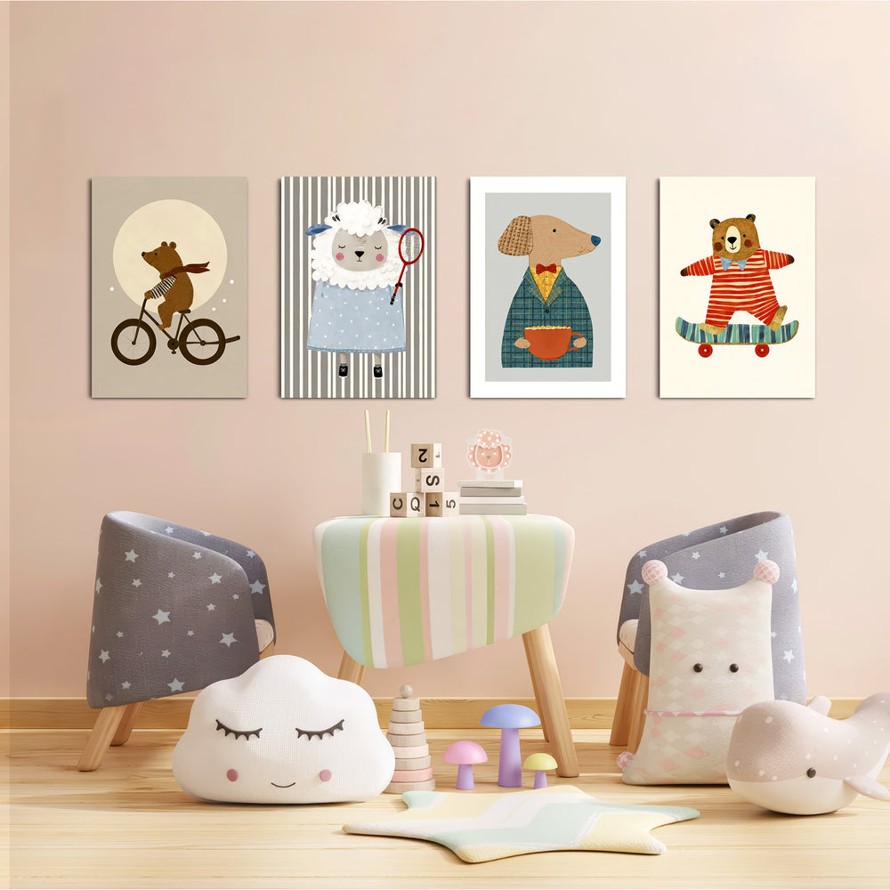 Dapper Storybook Animals 4 Pieces Kids Metal Wall Art.