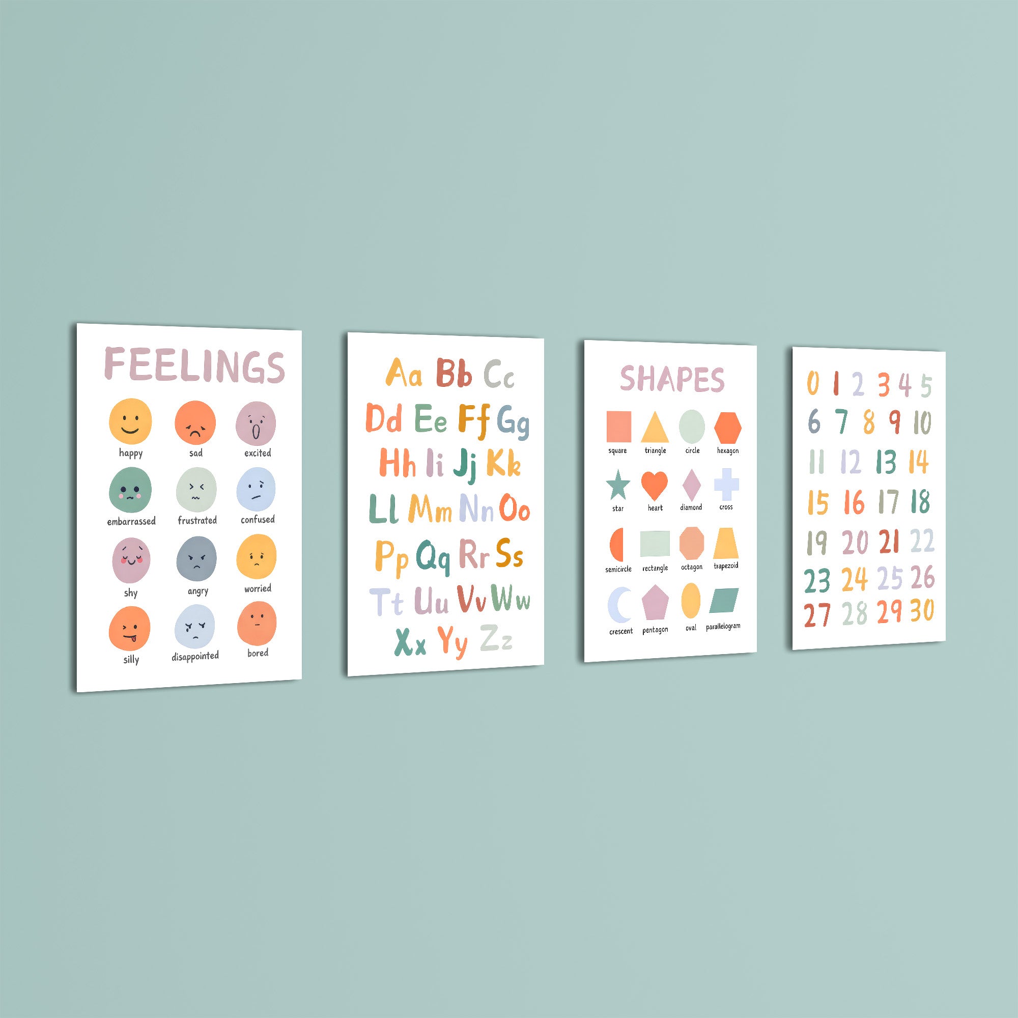 Feelings Alphabet Shapes Numbers 4 Pieces Kids Metal Wall Art.